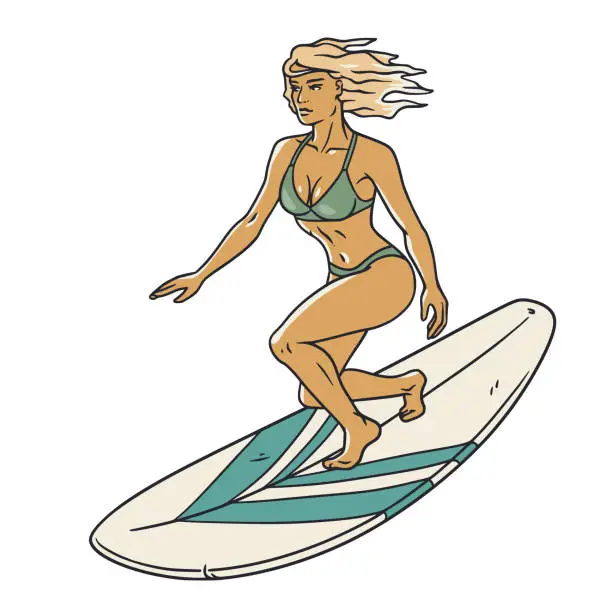 Vector illustration of Extreme girl surfer on surfboard for design of summer beach life. Active woman on surf board and wave for surfing or sea sport. Tropical exotic beach female for ocean design