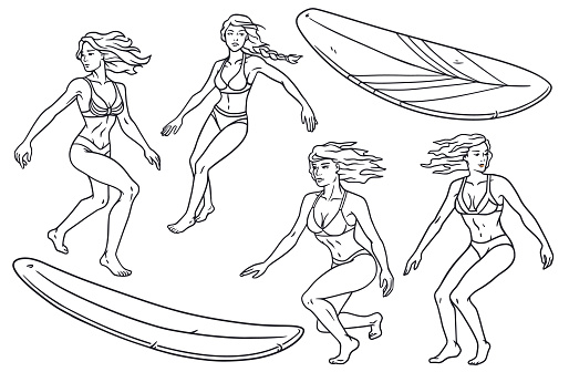 Extreme girl surfer set on surfboards for design of summer beach life. Active woman on surf board, wave for surfing, sea sport. Tropical exotic beach female collection for ocean design. Outline style.