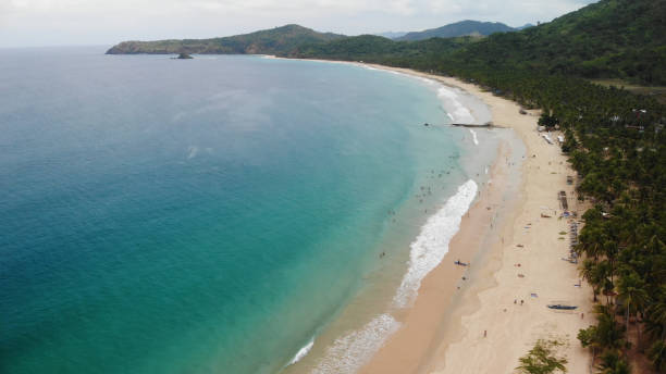 istock Aerial view of tropical beach with palm trees 2148055278