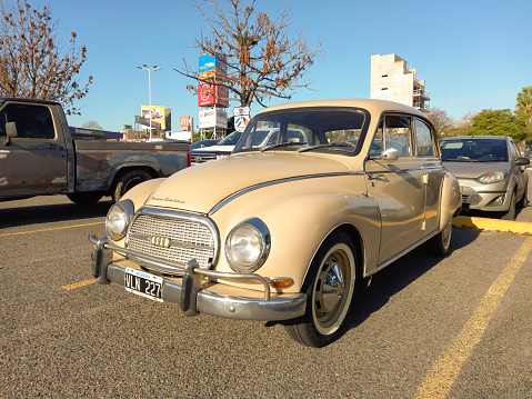 Buenos Aires, Argentina - May 28, 2023: Old cream Auto Union DKW 1000 S four door saloon 1960-1970 at a classic car show in a parking lot