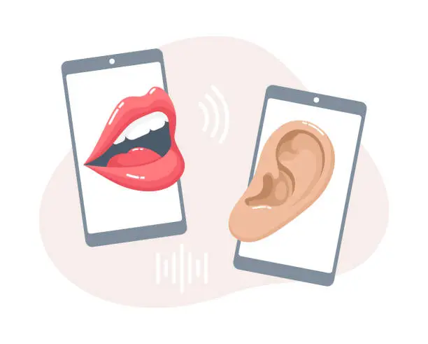 Vector illustration of Phone conversation. A talking mouth and a listening ear on smartphone screens. Flat vector illustration