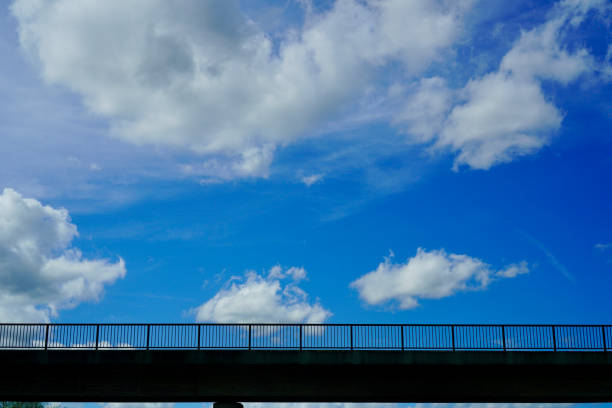A bridge over the highway with a blue sky in the background