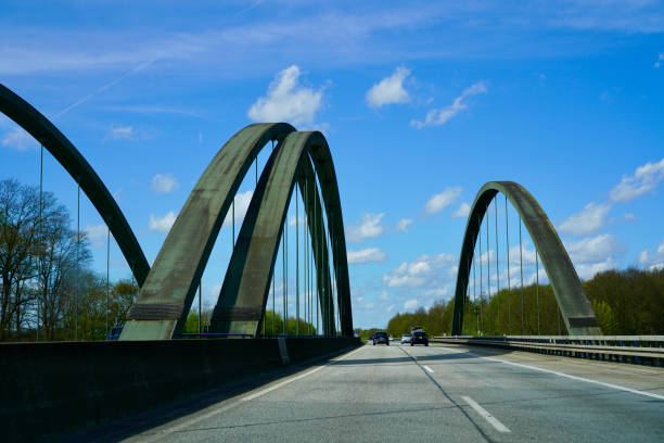 A bridge over the highway with a blue sky in the background