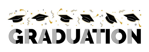istock Graduation greeting sign with square academic caps high into the air. Vector design for graduation, congratulation ceremony, invitation card, banner. Grads symbol for university, high school 2148058621