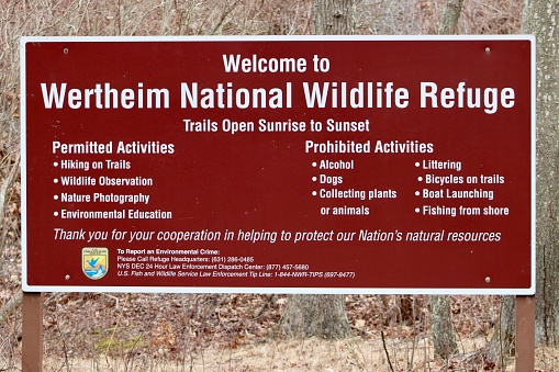 Shirley, NY, USA, 1.29.23 - The welcome sign to the Wertheim National Wildlife Refuge.