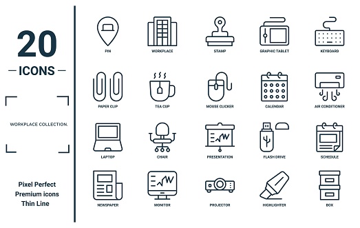 workplace collection. linear icon set. includes thin line pin, paper clip, laptop, newspaper, box, mouse clicker, schedule icons for report, presentation, diagram, web design