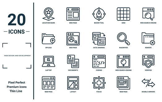 web design and development linear icon set. includes thin line location mark, upload, laptop, web page, double arrows, data sharing, verified icons for report, presentation, diagram, web design