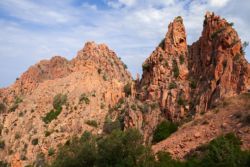 Red rocks of Calanques de Piana, Corsican mountains located in Piana