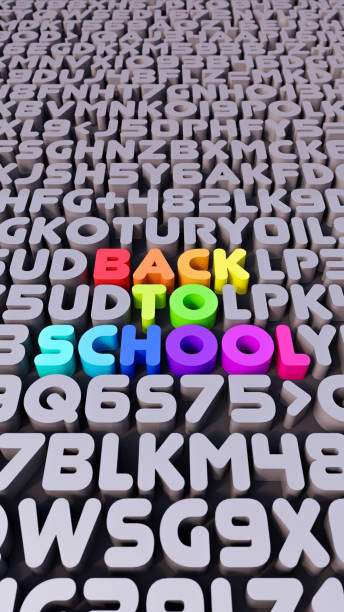 schulanfangskonzept mit bunten buchstaben vertikaler hintergrund 3d-rendering - back to school equipment capital letter clock stock-fotos und bilder