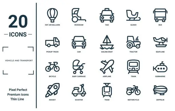 Vector illustration of vehicle and transport linear icon set. includes thin line hot air balloon, pickup truck, bicycle, rocket, zeppelin, sailing boat, submarine icons for report, presentation, diagram, web design