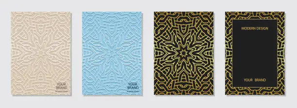 Vector illustration of Set of colored covers, artistic vertical templates. A collection of relief, geometric backgrounds with ethnic 3D patterns. Ornamental unique creativity of the East, Asia, India, Mexico, Aztec.