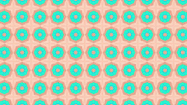 Geometric abstract kaleidoscopic stars pattern in turquoise and green on coral