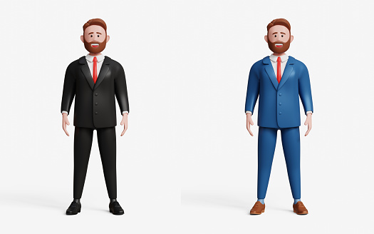3D businessman in black and blue suit standing with confident smile. Entrepreneur, leader, success, management concept. 3D happy businessman. 3d illustration