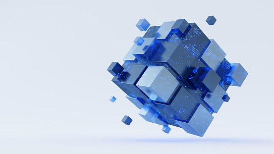 Blue Cube in white background. 3D Rendering Illustration