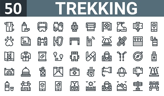 set of 50 outline web trekking icons such as trunk, thermos, sport sunglasses, gloves, oilskin, food, nature trail vector thin icons for report, presentation, diagram, web design, mobile app.