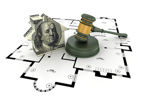 Legal Gavel on Floor Plan with Dollar House  - White Background - 3D Rendering