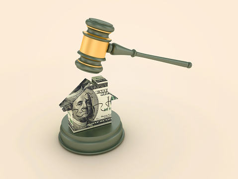 Legal Gavel with Dollar House - Colored Background - 3D Rendering