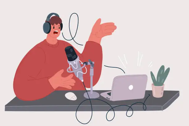 Vector illustration of Vector illustration of Man in Headphones Doing Live Audio Podcast with Microphone, Radio Host Communicating with Guest