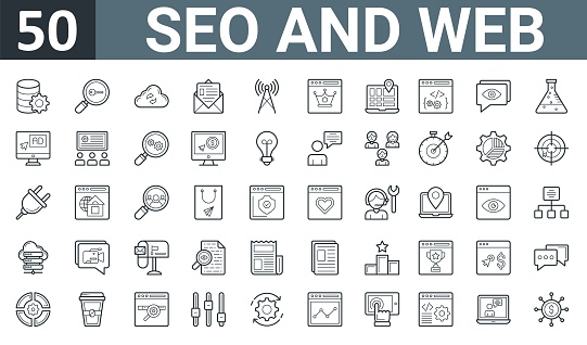 set of 50 outline web seo and web icons such as seo and web, keywording, cloud sync, email marketing, wifi, premium quality, seo and vector thin icons for report, presentation, diagram, design,
