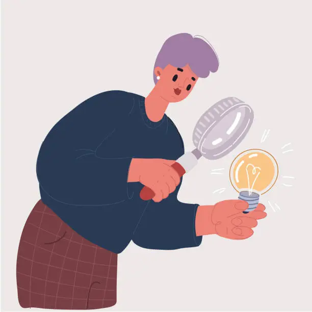 Vector illustration of Vector illustration of concept Search of finding brilliant idea or thinking. Creative woman with light bulb magnifying glass. Business people character with lightbulb as symbol of solution