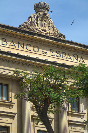 Tarragona, Spain - April 7, 2024: The Banco de spain in Tarragona stands out with its majestic architecture and intricate details against a clear sky.