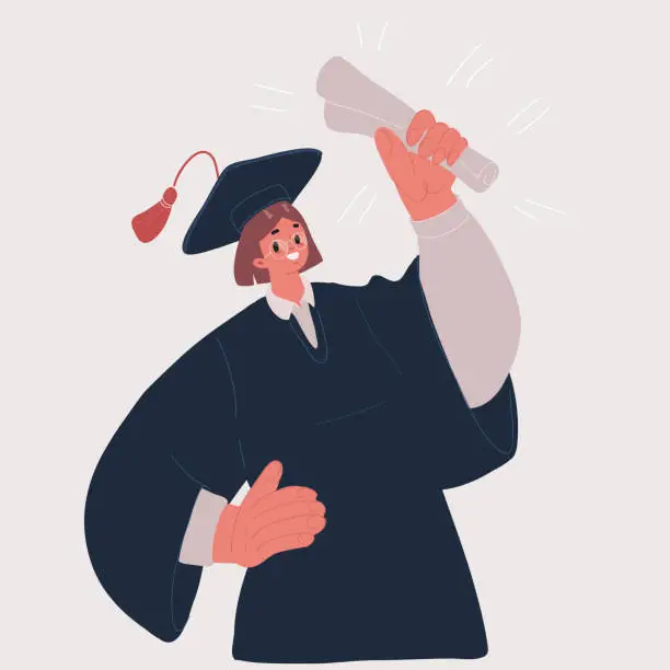 Vector illustration of Vector illustration of Portrait young graduate woman. Happy graduate student girl, female in graduation cap, dress. Concept celebrating graduation ceremony from school, university.