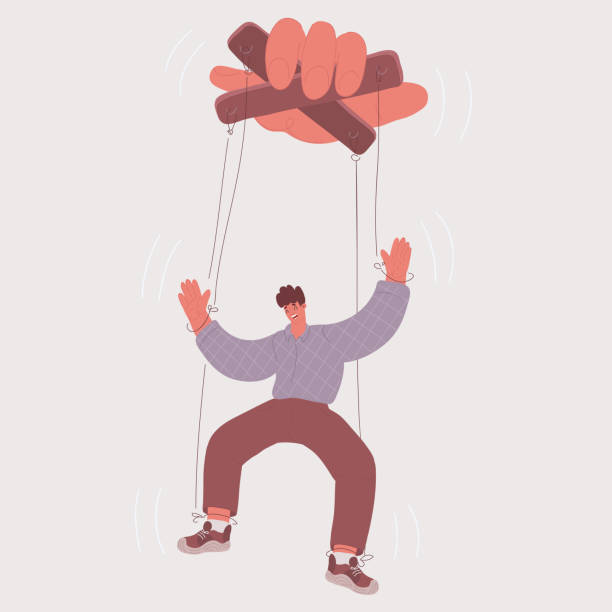 istock Vector illustration of Puppeteer Hand Controlling Puppet. Business man being controlled by puppet master. Manipulates a man like a puppet. marionette, Mind controlled. 2148064701