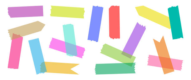 Japanese tape washi, cute masking paper, colorful transparent torn scotch, scrapbook decoration frame, craft sticky set. Pastel color vector illustration Japanese tape washi, cute masking paper, colorful transparent torn scotch, scrapbook decoration frame, craft sticky set isolated on white background. Pastel color vector illustration torn paper transparent background stock illustrations