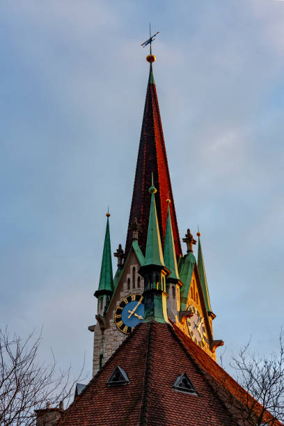Traditional Swiss church and buildings, Engadine, Graubunden Canton, Swiss Alps