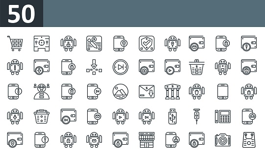 set of 50 outline web icons such as shopping cart, safe, , compose, smartphone, shield, vector thin icons for report, presentation, diagram, web design, mobile