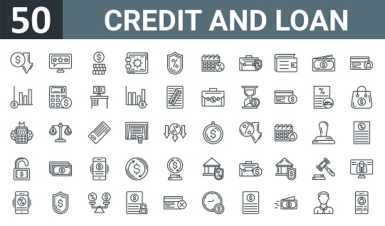 set of 50 outline web credit and loan icons such as down, rating, coin, vault, shield, due date, suitcase vector thin icons for report, presentation, diagram, web design, mobile app.