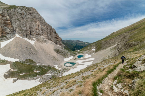 Monte Vettore, Umbria, marche, Italy:Hiker on Lake Pilato