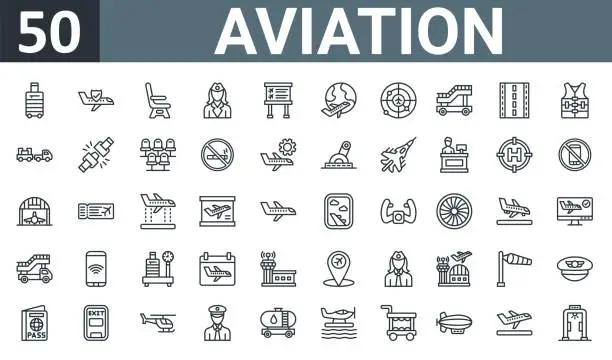 Vector illustration of set of 50 outline web aviation icons such as luggage, safe flight, seat, flight attendant, flight information, travel, radar vector thin icons for report, presentation, diagram, web design, mobile