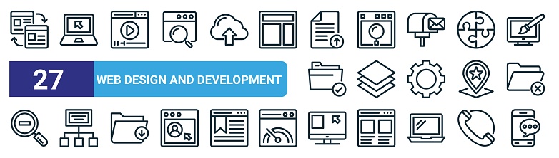 set of 27 outline web web design and development icons such as data sharing, laptop, media player, web search engine, layers, sitemap, monitor, chatting vector thin line icons for design, mobile