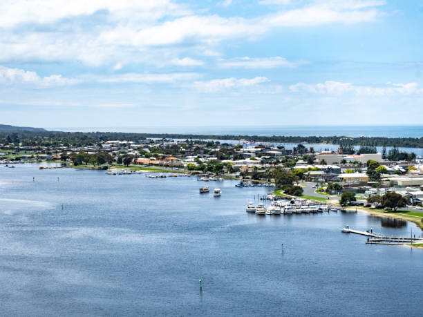 istock High angle view of sea side town 2148067854