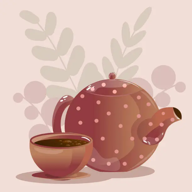 Vector illustration of Brown teapot with cup on plate vector illustration design.