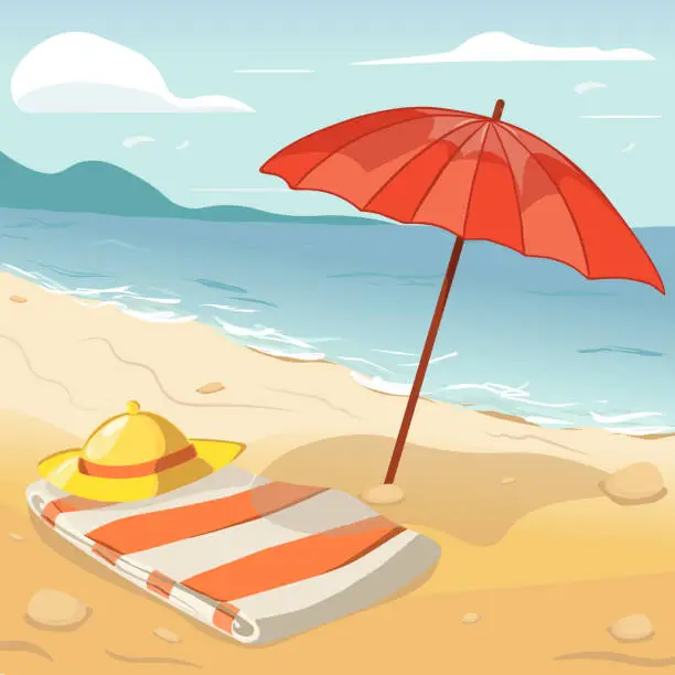 Vector illustration of Summer beach landscape with towel and umbrella.