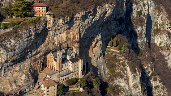 Medieval church Santuario Basilica Madonna della Corona on the cliffs Verona, Italy.