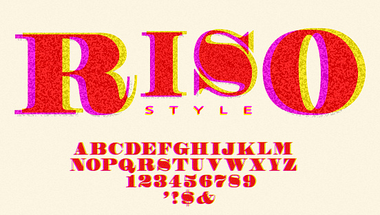 Vector illustration of a Retro riso print style screen printing font design alphabet includes capital letters and numbers very textured style. Includes fully editable vector art to customize your own text. Individually grouped for easy editing and customization. Textured background. Download features vector EPS and high resolution jpg download.