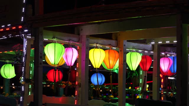 Colorful Lantern Over Rowboats in Hoi An, Vietnam