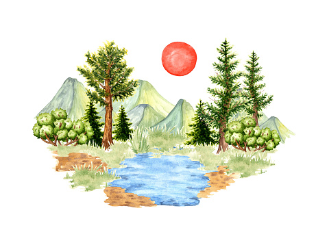 Watercolor illustration of natural landscape. Forest wildlife scene with green grass, mountain ranges, lake and sun. Create design compositions on the theme of tourism, travel, outdoor recreation.