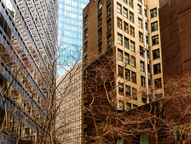 Boston, Massachusetts, USA - April 7, 2024: Contrasting architectural styles of downtown Boston buildings.
