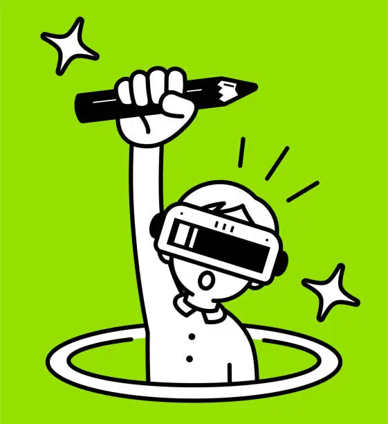 Vector illustration of A boy wearing a virtual reality headset or VR glasses pops out of a virtual hole and into the metaverse, he raises his right hand and shows a creative pencil, minimalist style, black and white outline