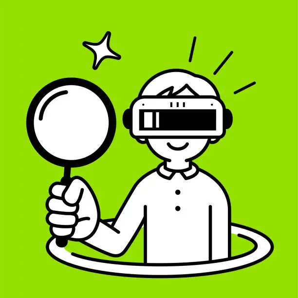 Vector illustration of A boy wearing a virtual reality headset or VR glasses pops out of a virtual hole and into the metaverse holding a magnifying glass, minimalist style, black and white outline, problem-finding, and problem-solving