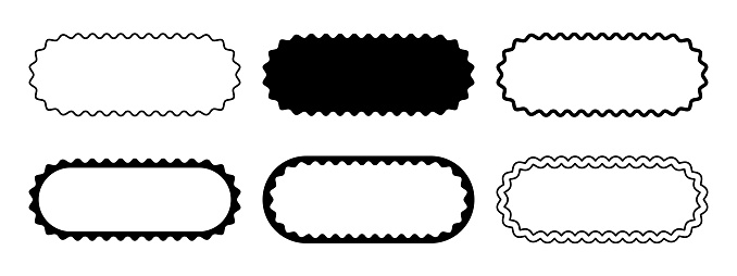 Set of different oval frames with wavy edges. Rectangular shapes with wiggly borders. Banner frames, empty text boxes, speech bubbles, tags or labels scalloped elements. Vector graphic illustration.