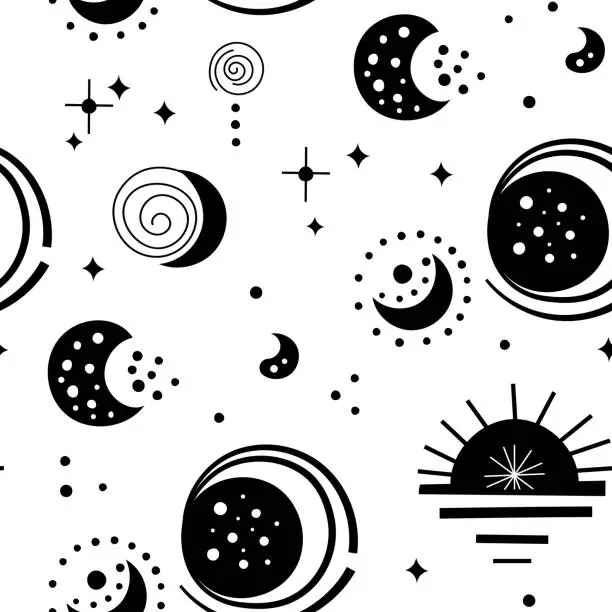 Vector illustration of Seamless neo folk patterns with moon, cloud, sun and stars, black and white celestial design. Set Neo folk style endless backgrounds perfect for textile design.