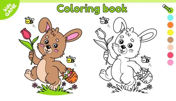 Vector illustration of Page of kids Easter coloring book with cute bunny