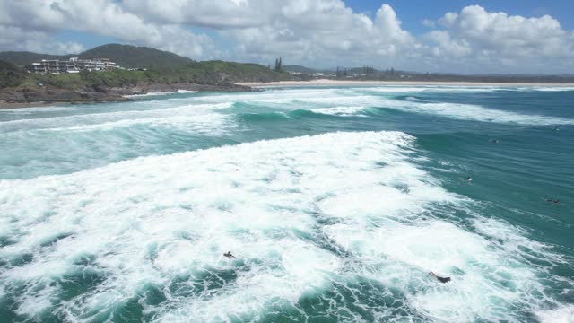 Tourists On Surfing Spot In Cabarita Beach In Northern New South Wales, Australia. Aerial Shot