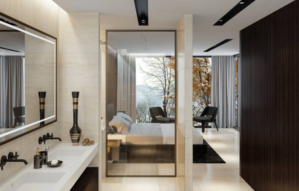 istock Modern Luxury style master bedroom with bathroom. 2148073779