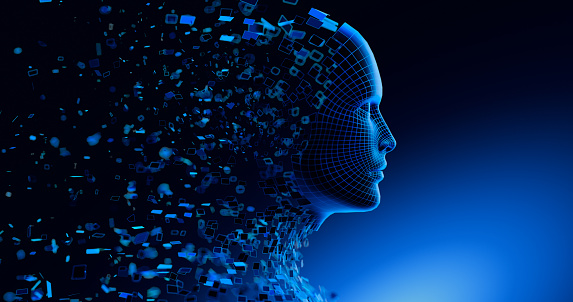 Digital Transformation: AI Artificial Intelligence in Human Face Head.